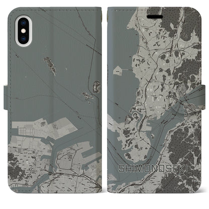 【下関（山口県）】地図柄iPhoneケース（手帳タイプ）モノトーン・iPhone XS Max 用