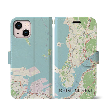 【下関（山口県）】地図柄iPhoneケース（手帳タイプ）ナチュラル・iPhone 13 mini 用