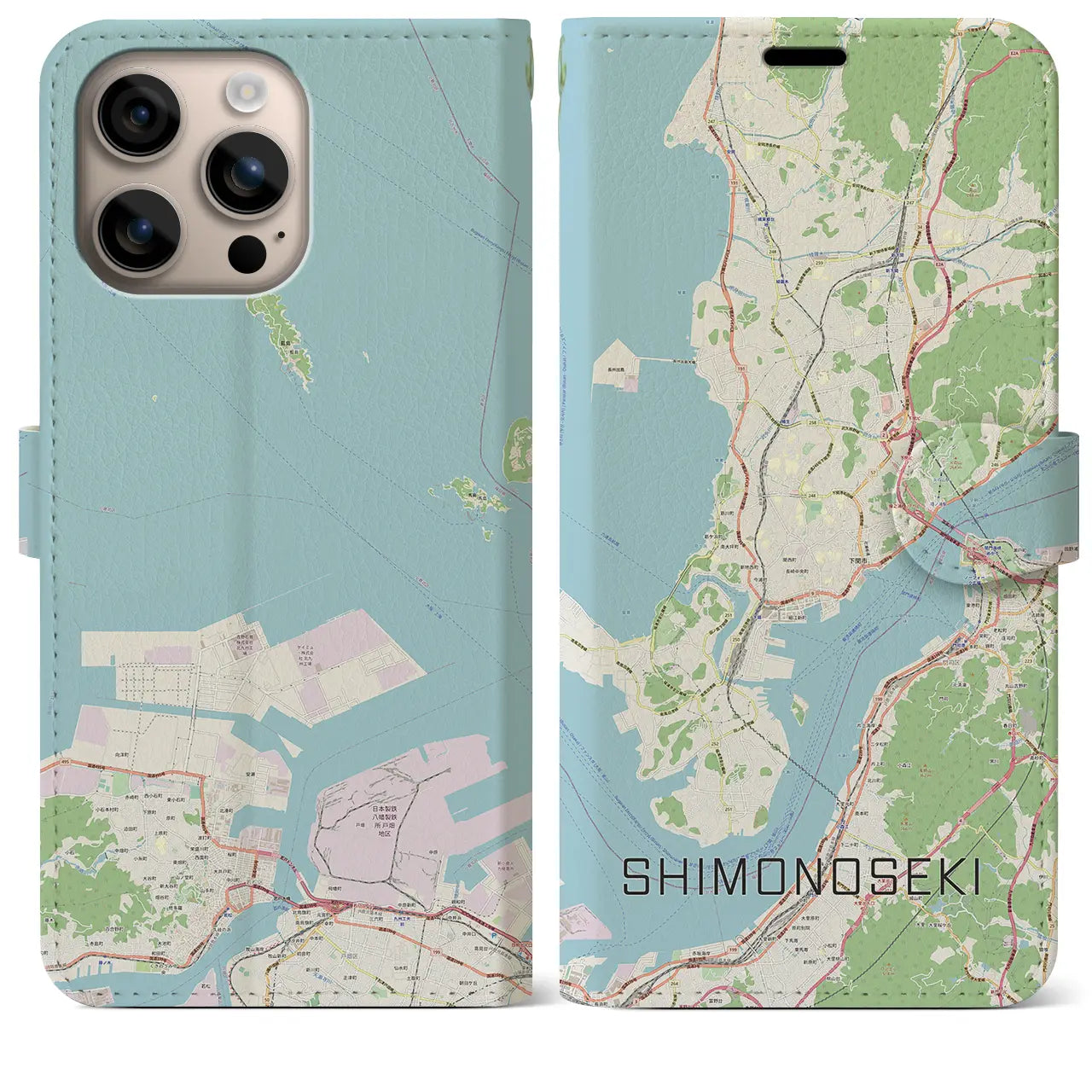 【下関（山口県）】地図柄iPhoneケース（手帳タイプ）ナチュラル・iPhone 16 Plus 用