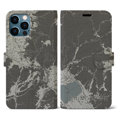 【下諏訪（長野県）】地図柄iPhoneケース（手帳タイプ）モノトーン・iPhone 12 / 12 Pro 用