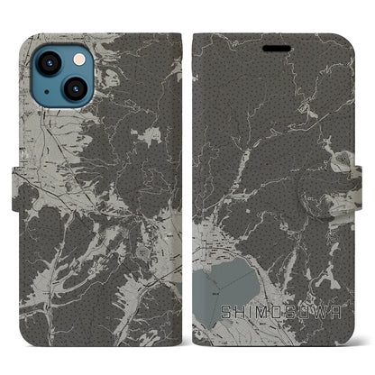 【下諏訪（長野県）】地図柄iPhoneケース（手帳タイプ）モノトーン・iPhone 13 用