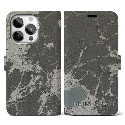 【下諏訪（長野県）】地図柄iPhoneケース（手帳タイプ）モノトーン・iPhone 14 Pro 用