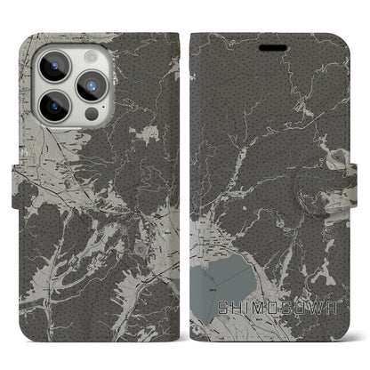 【下諏訪（長野県）】地図柄iPhoneケース（手帳タイプ）モノトーン・iPhone 15 Pro 用