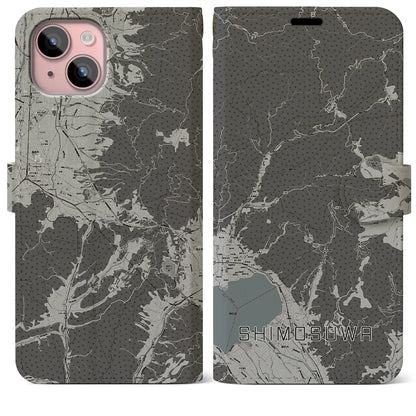 【下諏訪（長野県）】地図柄iPhoneケース（手帳タイプ）モノトーン・iPhone 15 Plus 用