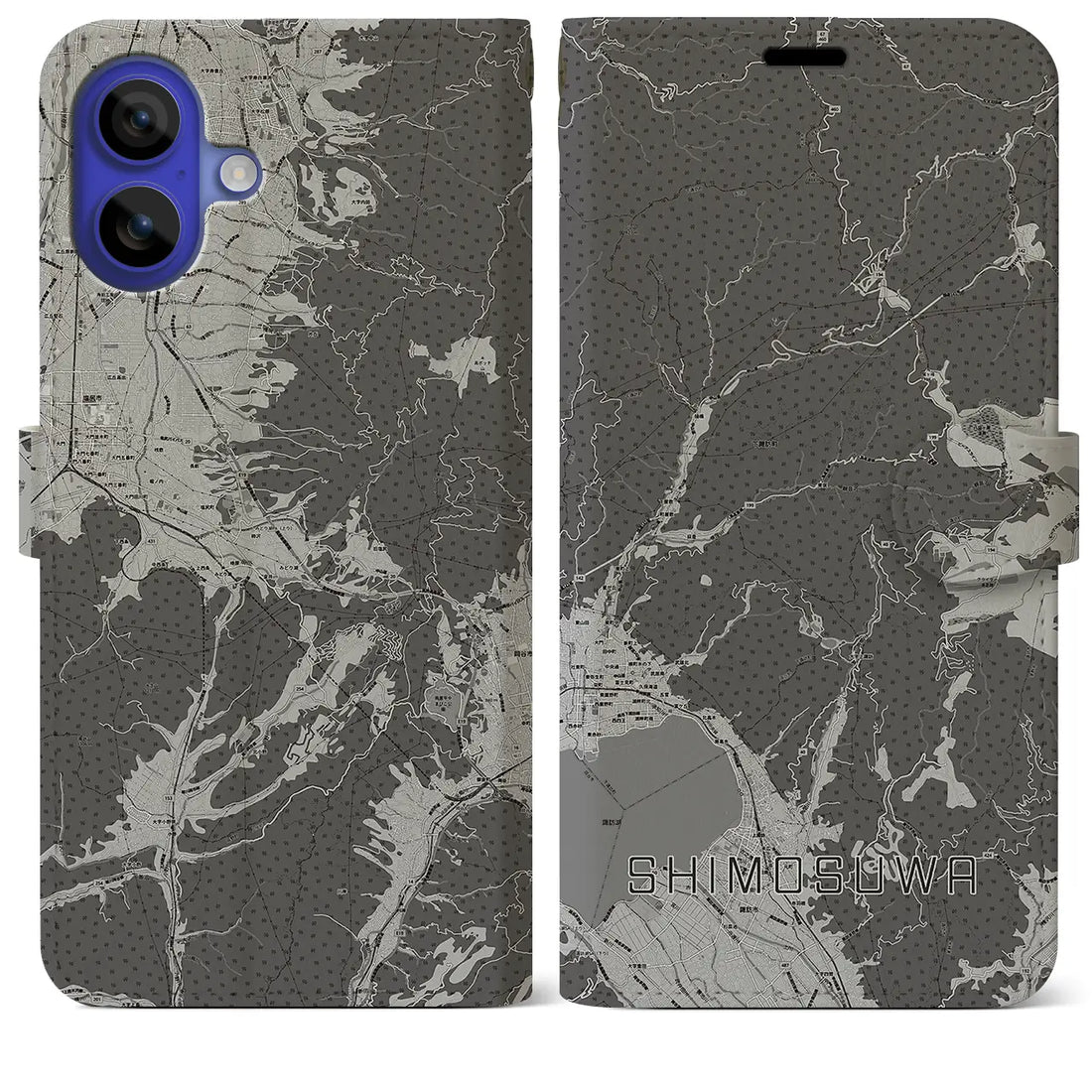 【下諏訪(長野県)】地図柄iPhoneケース(手帳タイプ)モノトーン・iPhone 16 Pro Max 用