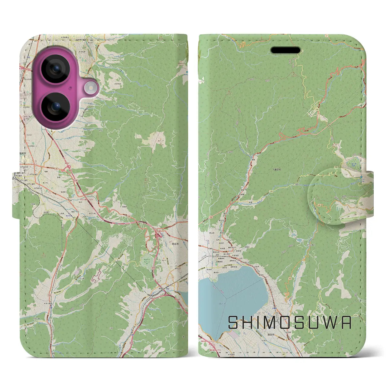 【下諏訪（長野県）】地図柄iPhoneケース（手帳タイプ）ナチュラル・iPhone 16 Pro 用