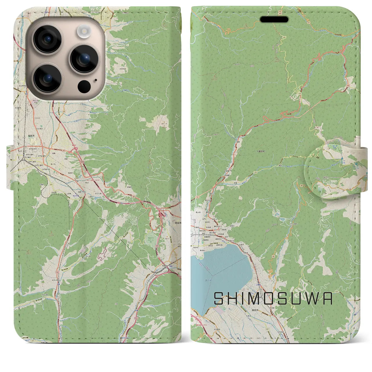 【下諏訪（長野県）】地図柄iPhoneケース（手帳タイプ）ナチュラル・iPhone 16 Plus 用