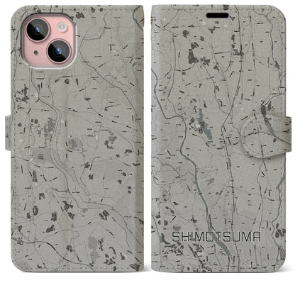【下妻（茨城県）】地図柄iPhoneケース（手帳タイプ）モノトーン・iPhone 15 Plus 用