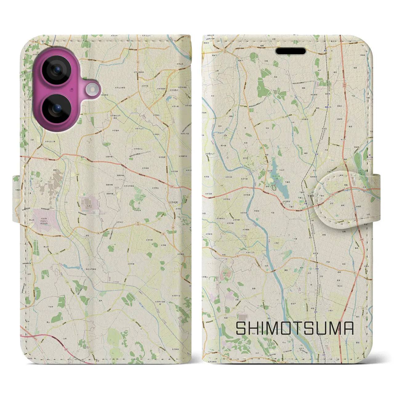 【下妻（茨城県）】地図柄iPhoneケース（手帳タイプ）ナチュラル・iPhone 16 Pro 用