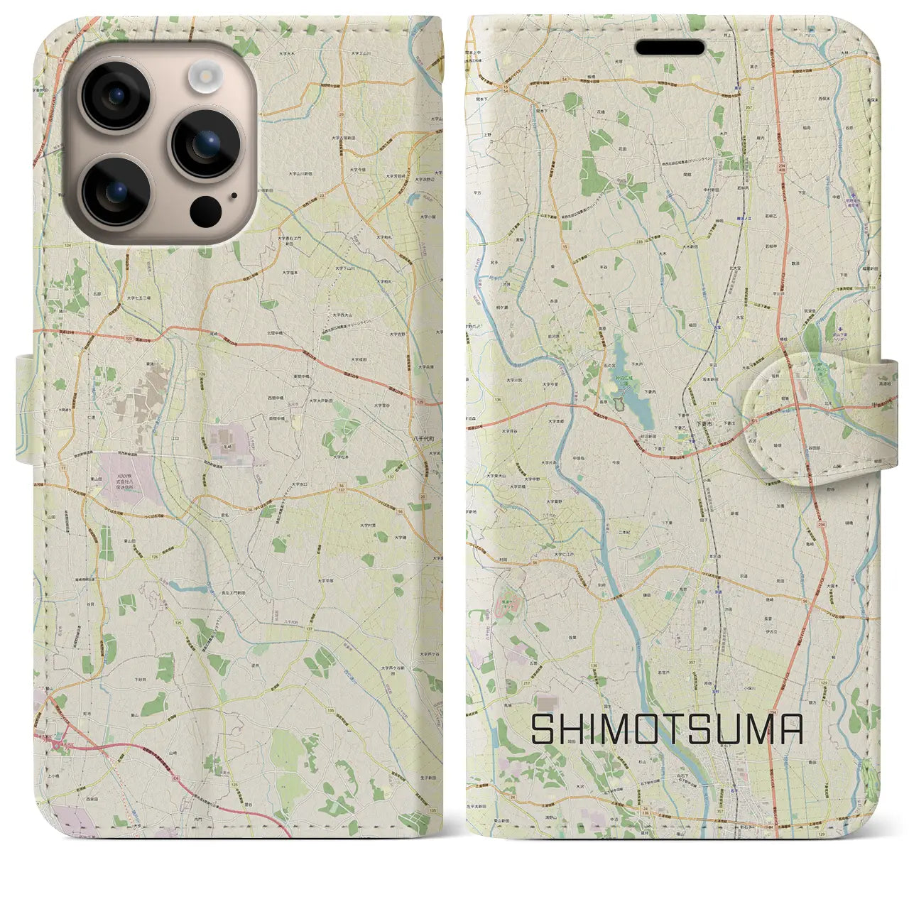 【下妻（茨城県）】地図柄iPhoneケース（手帳タイプ）ナチュラル・iPhone 16 Plus 用