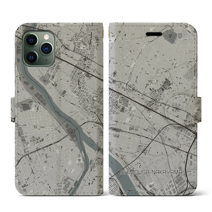 【下総中山（千葉県）】地図柄iPhoneケース（手帳タイプ）モノトーン・iPhone 11 Pro 用