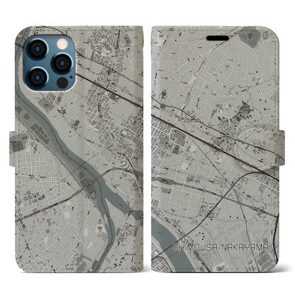 【下総中山（千葉県）】地図柄iPhoneケース（手帳タイプ）モノトーン・iPhone 12 / 12 Pro 用