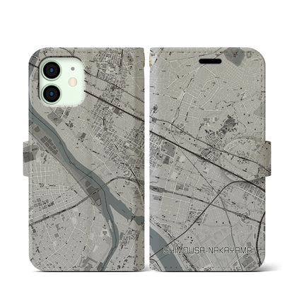 【下総中山（千葉県）】地図柄iPhoneケース（手帳タイプ）モノトーン・iPhone 12 mini 用