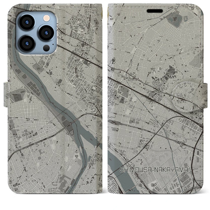 【下総中山（千葉県）】地図柄iPhoneケース（手帳タイプ）モノトーン・iPhone 13 Pro Max 用