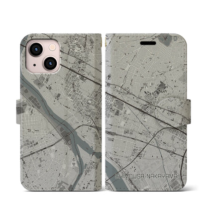 【下総中山（千葉県）】地図柄iPhoneケース（手帳タイプ）モノトーン・iPhone 13 mini 用