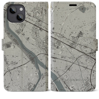 【下総中山（千葉県）】地図柄iPhoneケース（手帳タイプ）モノトーン・iPhone 14 Plus 用