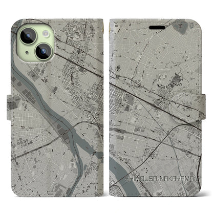 【下総中山（千葉県）】地図柄iPhoneケース（手帳タイプ）モノトーン・iPhone 15 用