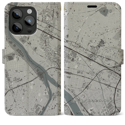 【下総中山（千葉県）】地図柄iPhoneケース（手帳タイプ）モノトーン・iPhone 15 Pro Max 用