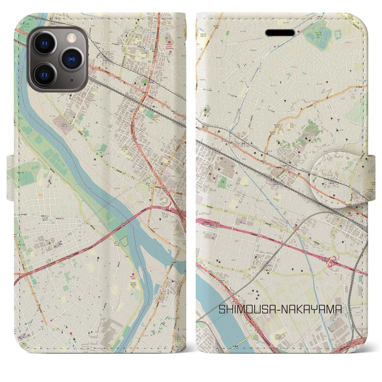 【下総中山】地図柄iPhoneケース（手帳両面タイプ・ナチュラル）iPhone 11 Pro Max 用