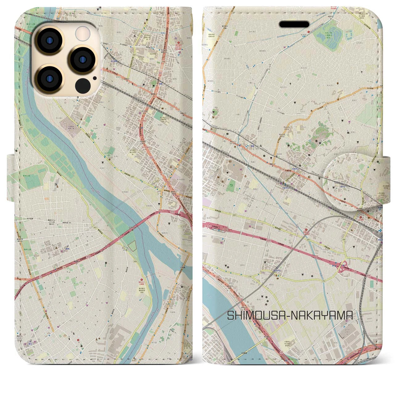 【下総中山】地図柄iPhoneケース（手帳両面タイプ・ナチュラル）iPhone 12 Pro Max 用