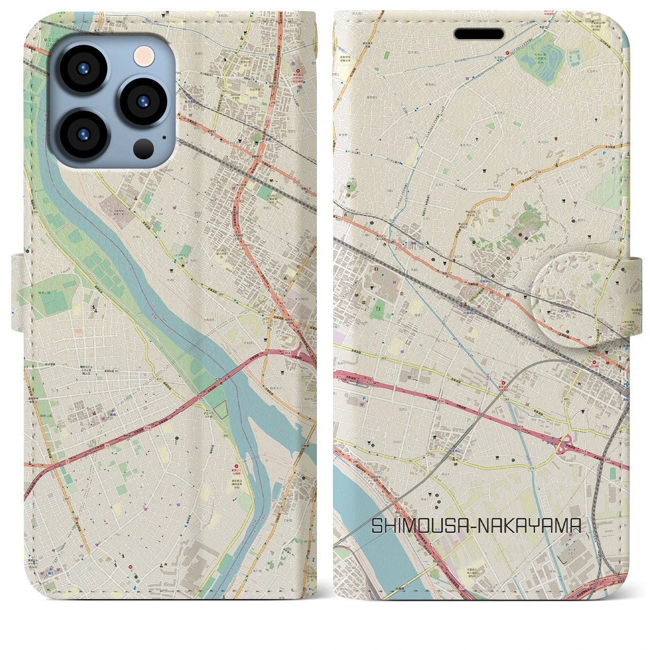 【下総中山】地図柄iPhoneケース（手帳両面タイプ・ナチュラル）iPhone 13 Pro Max 用