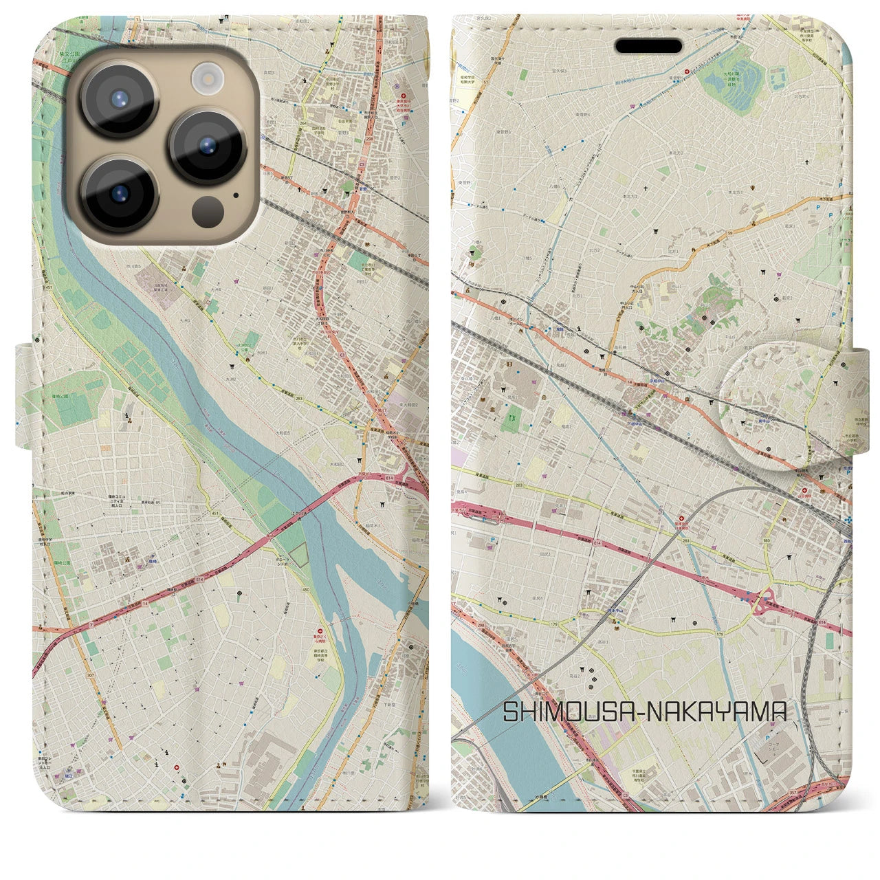 【下総中山】地図柄iPhoneケース（手帳両面タイプ・ナチュラル）iPhone 14 Pro Max 用