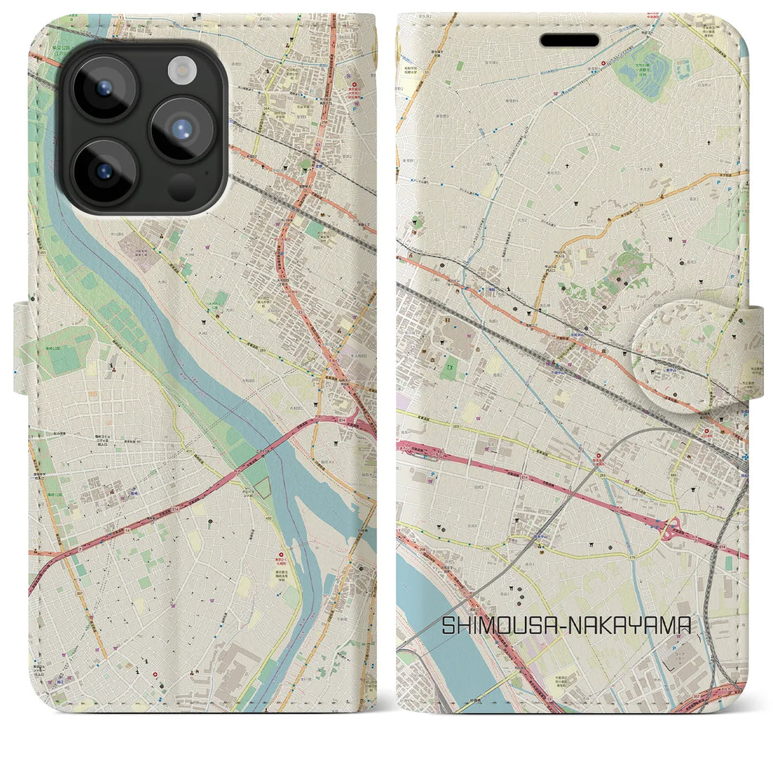 【下総中山】地図柄iPhoneケース（手帳両面タイプ・ナチュラル）iPhone 15 Pro Max 用