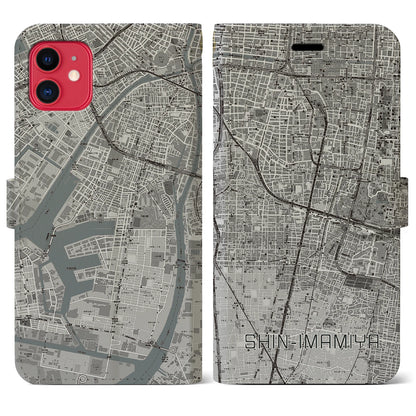 【新今宮（大阪府）】地図柄iPhoneケース（手帳タイプ）モノトーン・iPhone 11 用