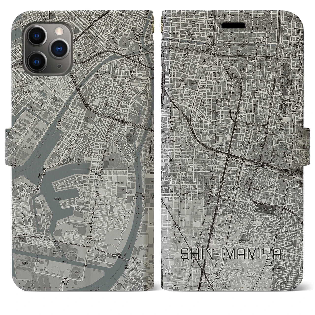 【新今宮】地図柄iPhoneケース（手帳両面タイプ・モノトーン）iPhone 11 Pro Max 用