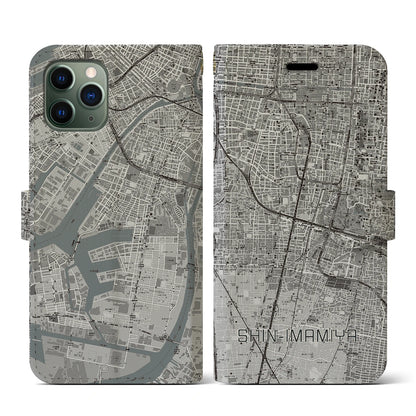 【新今宮（大阪府）】地図柄iPhoneケース（手帳タイプ）モノトーン・iPhone 11 Pro 用