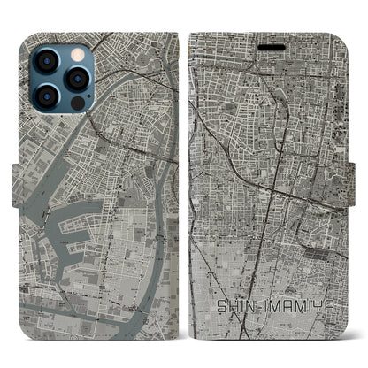 【新今宮（大阪府）】地図柄iPhoneケース（手帳タイプ）モノトーン・iPhone 12 / 12 Pro 用