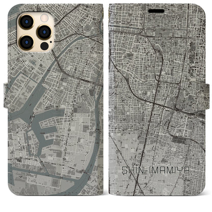 【新今宮（大阪府）】地図柄iPhoneケース（手帳タイプ）モノトーン・iPhone 12 Pro Max 用