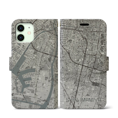 【新今宮（大阪府）】地図柄iPhoneケース（手帳タイプ）モノトーン・iPhone 12 mini 用