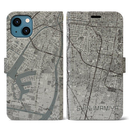 【新今宮（大阪府）】地図柄iPhoneケース（手帳タイプ）モノトーン・iPhone 13 用