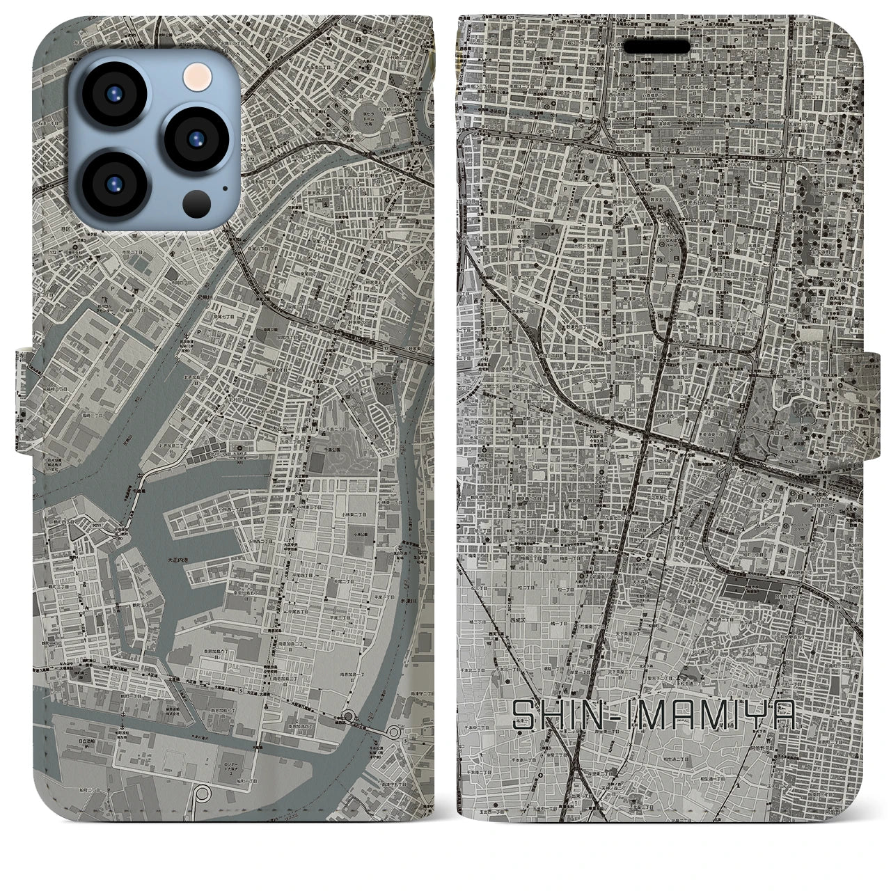 【新今宮】地図柄iPhoneケース（手帳両面タイプ・モノトーン）iPhone 13 Pro Max 用