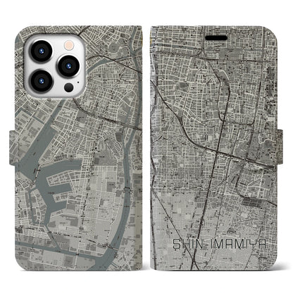 【新今宮（大阪府）】地図柄iPhoneケース（手帳タイプ）モノトーン・iPhone 13 Pro 用