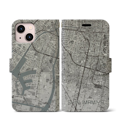 【新今宮（大阪府）】地図柄iPhoneケース（手帳タイプ）モノトーン・iPhone 13 mini 用