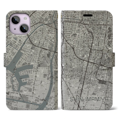 【新今宮（大阪府）】地図柄iPhoneケース（手帳タイプ）モノトーン・iPhone 14 用