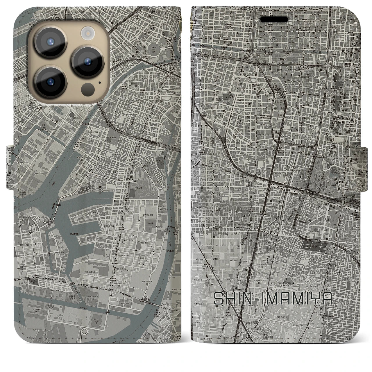 【新今宮】地図柄iPhoneケース（手帳両面タイプ・モノトーン）iPhone 14 Pro Max 用
