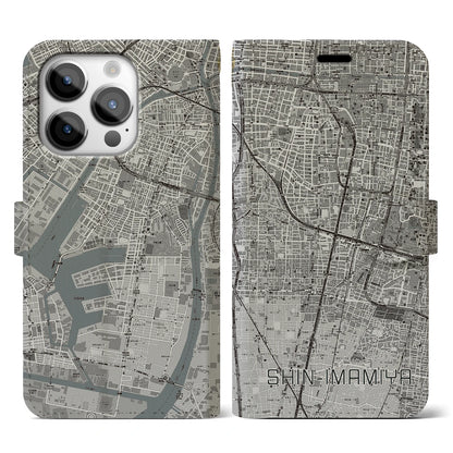 【新今宮（大阪府）】地図柄iPhoneケース（手帳タイプ）モノトーン・iPhone 14 Pro 用