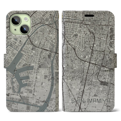 【新今宮（大阪府）】地図柄iPhoneケース（手帳タイプ）モノトーン・iPhone 15 用