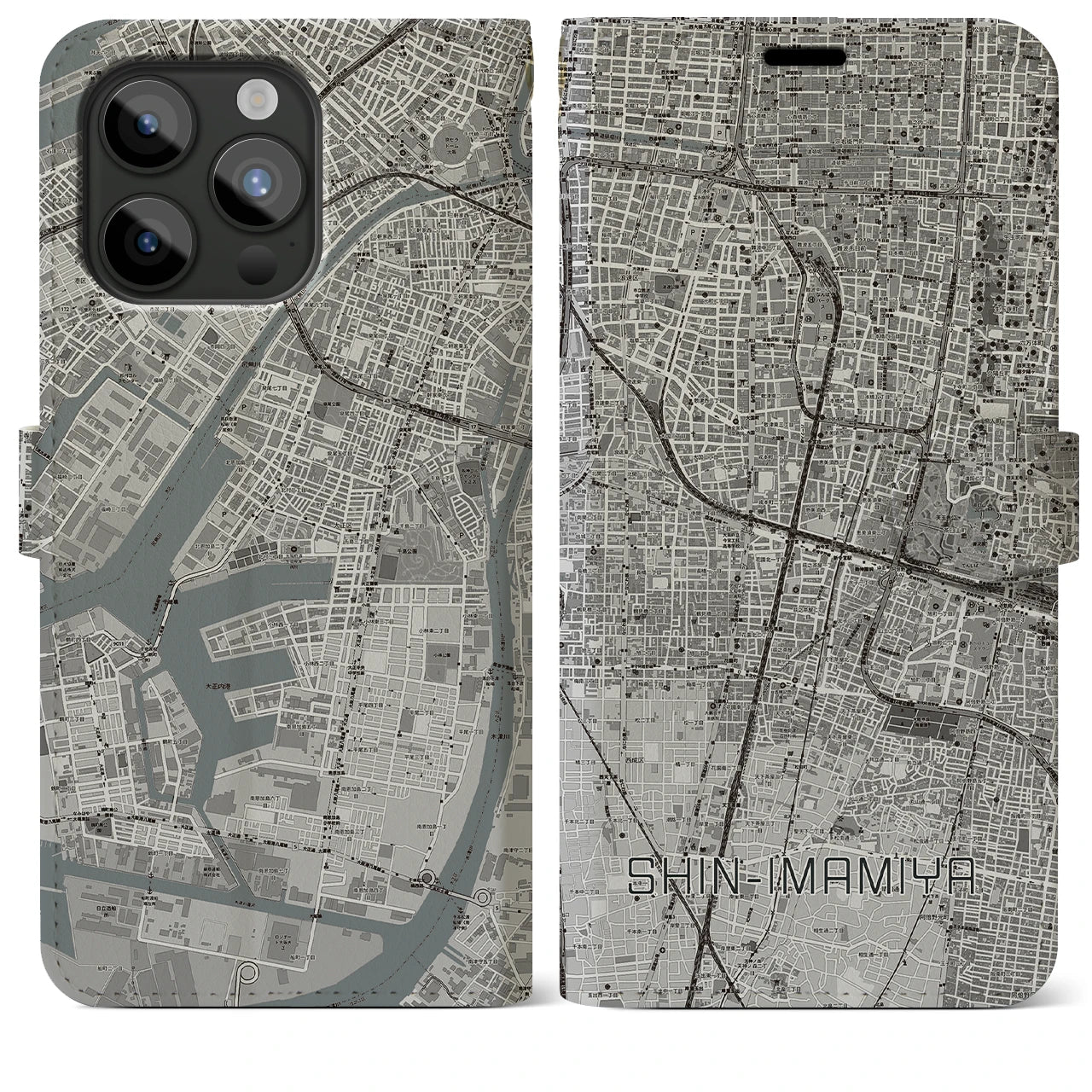 【新今宮】地図柄iPhoneケース（手帳両面タイプ・モノトーン）iPhone 15 Pro Max 用