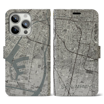 【新今宮（大阪府）】地図柄iPhoneケース（手帳タイプ）モノトーン・iPhone 15 Pro 用