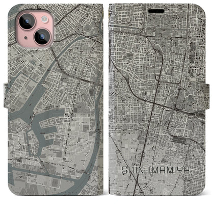 【新今宮（大阪府）】地図柄iPhoneケース（手帳タイプ）モノトーン・iPhone 15 Plus 用