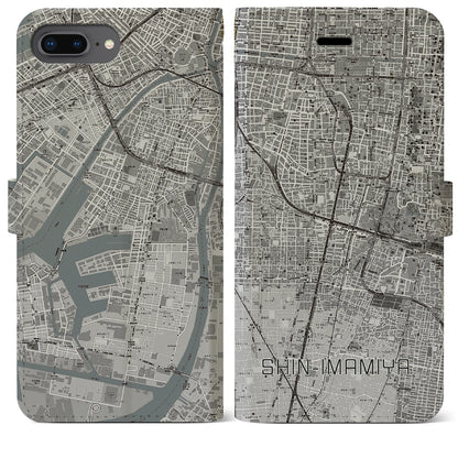【新今宮（大阪府）】地図柄iPhoneケース（手帳タイプ）モノトーン・iPhone 8Plus /7Plus / 6sPlus / 6Plus 用