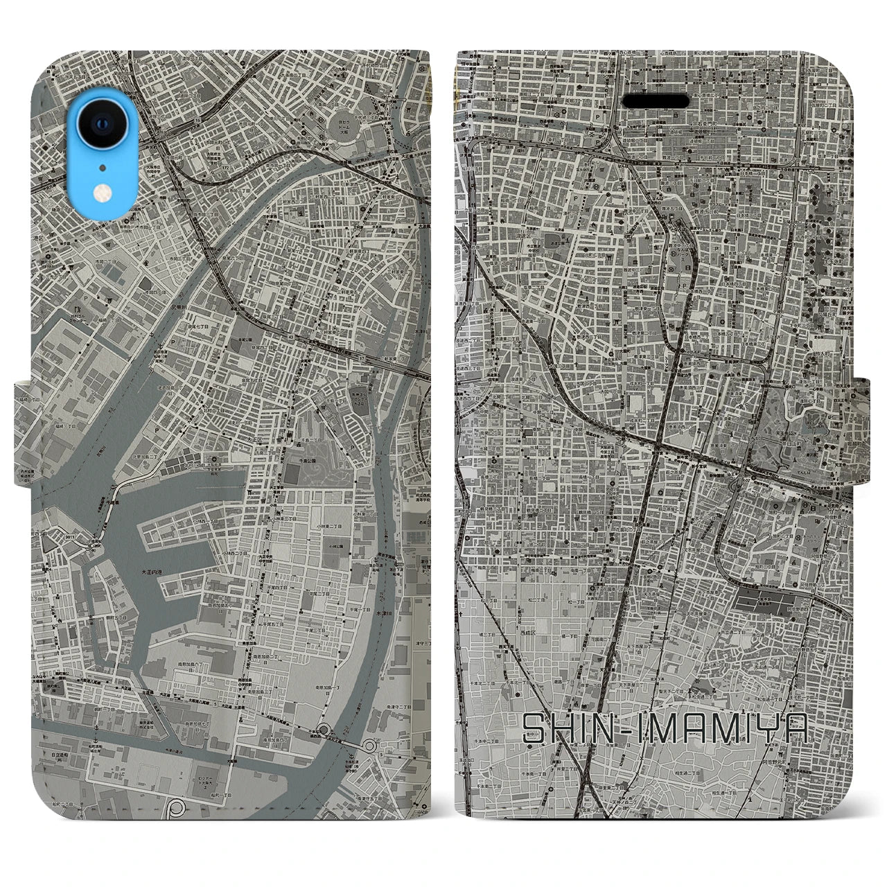 【新今宮】地図柄iPhoneケース（手帳両面タイプ・モノトーン）iPhone XR 用