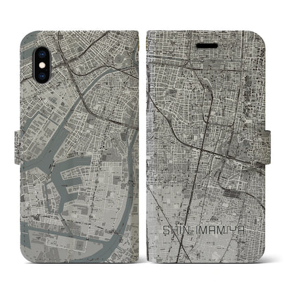 【新今宮（大阪府）】地図柄iPhoneケース（手帳タイプ）モノトーン・iPhone XS / X 用