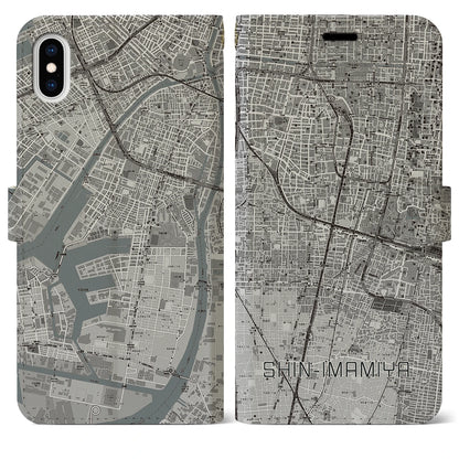 【新今宮（大阪府）】地図柄iPhoneケース（手帳タイプ）モノトーン・iPhone XS Max 用