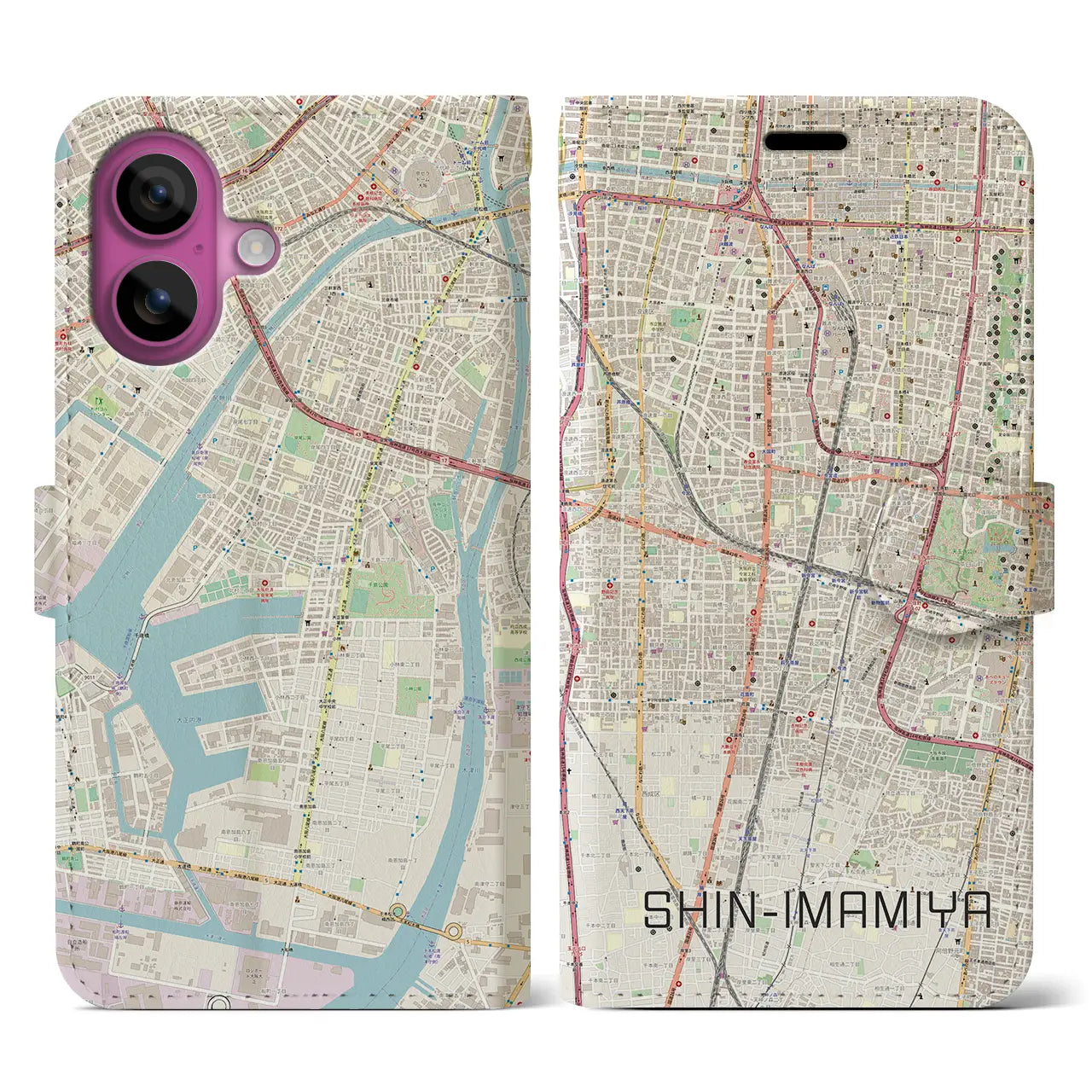 【新今宮（大阪府）】地図柄iPhoneケース（手帳タイプ）ナチュラル・iPhone 16 Pro 用