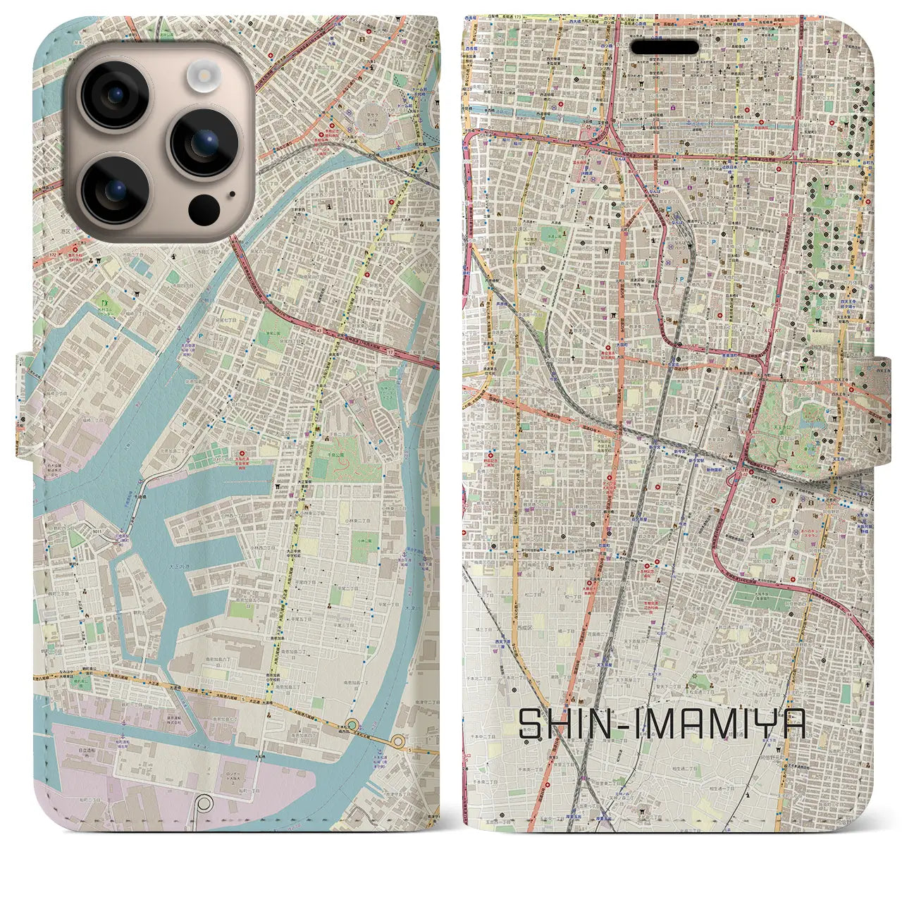 【新今宮（大阪府）】地図柄iPhoneケース（手帳タイプ）ナチュラル・iPhone 16 Plus 用